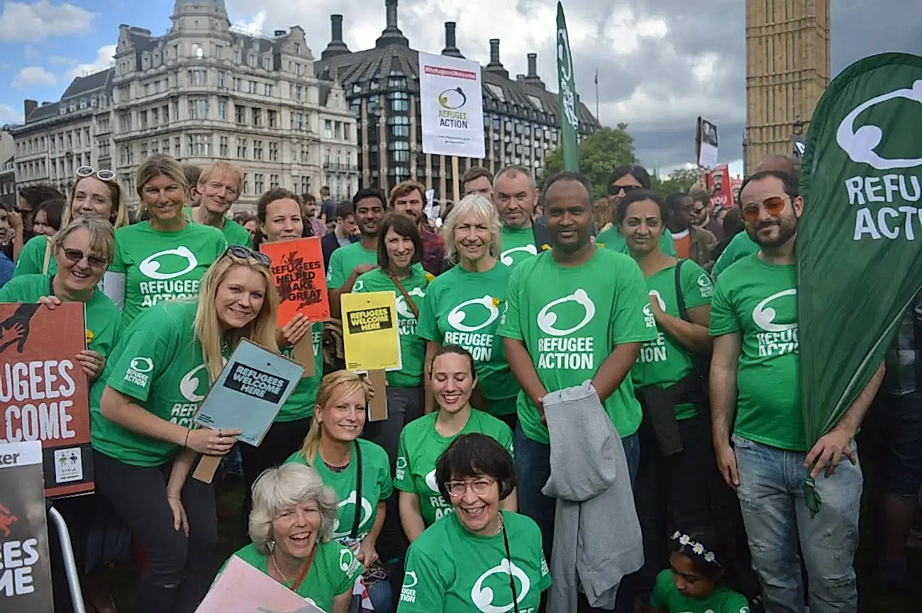 Picture of a group of Refugee Action supporters at the Solidarity with Refugees march in London